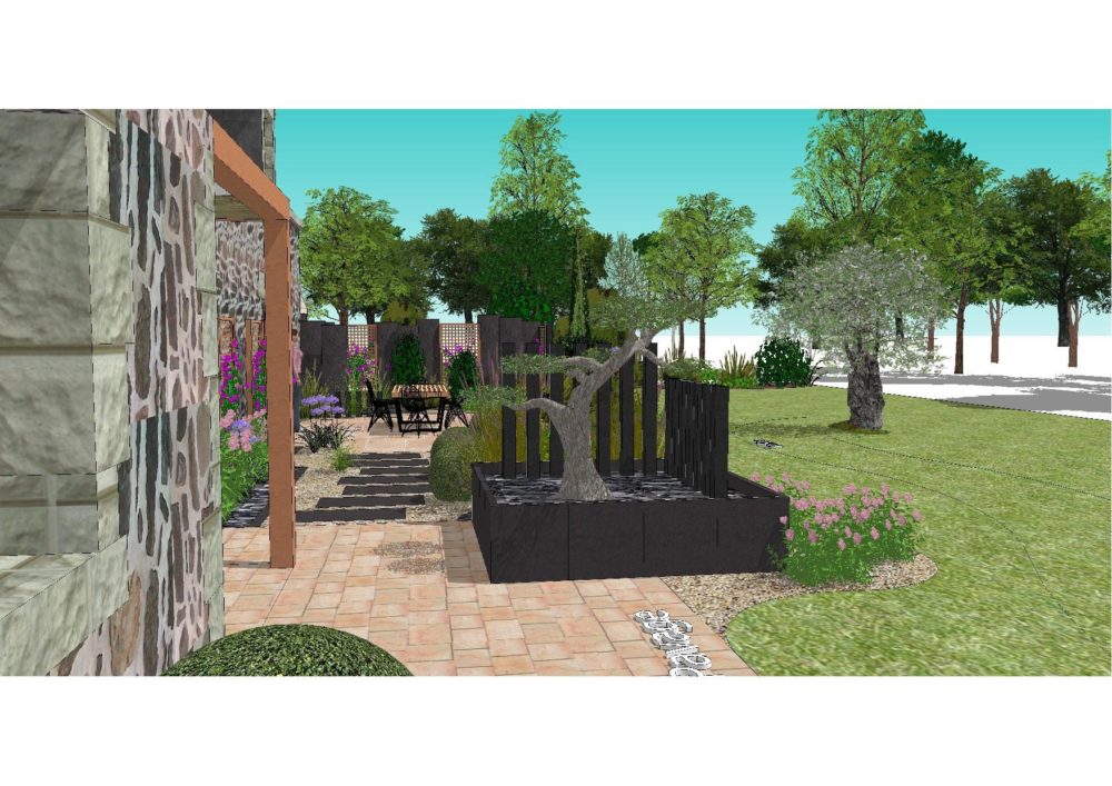 Rendu 3D d'un jardin arrière avec pergola, terrasse et coin repas