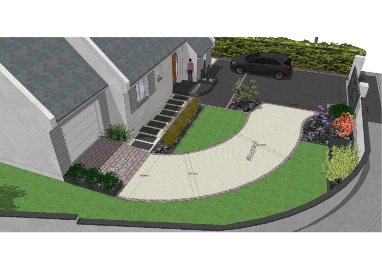 Plan 3D d'une entrée de jardin à Vannes avec pavage et allée courbe