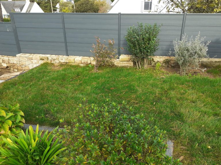 Pelouse et arbustes nouvellement plantés contre une clôture grise, exemple d'entretien de jardin au printemps