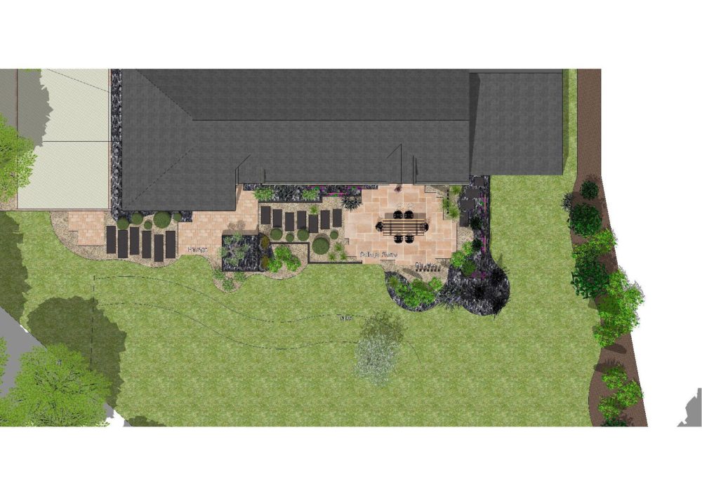 Plan 3D vue du dessus d'un aménagement de jardin avec terrasse et coin repas
